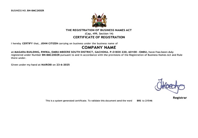 Kenya certificate of registration Word and PDF template
